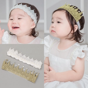 Baby Girl Lace Crown Headband Rhinestone Artificial Pearl Elastic Hair Band For Birthday Party Photography Prop Infant Headwear