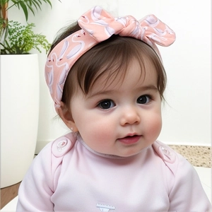 Gros plan du bandeau bébé rose avec imprimé cygne et grand nœud pour nourrisson