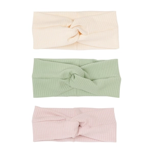 Three-piece set of sweet knitted cross-knot headbands in cream, pale green, and soft pink