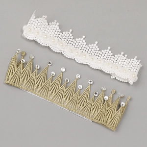 Sparkly crown headbands for babies featuring lace embroidery and faux pearl accents