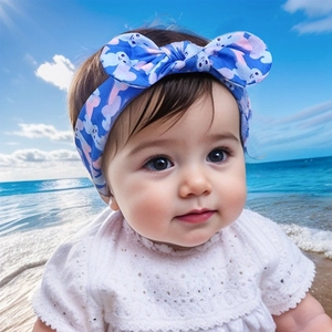 Bandeau bébé bleu avec imprimé dessin animé et nœud papillon en gros plan à la plage