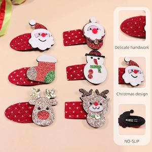 Lot de 6 barrettes de Noël à paillettes avec renne et Père Noël antidérapantes