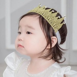 Sparkling gold crown lace headband with diamonds for baby girls on elastic strap