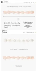 Vue détaillée de bandeaux bébé en dentelle élastique avec perles et fleurs, 21 cm