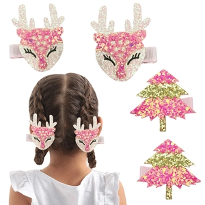 Barrettes à Cheveux de Noël Paillettes Bois de Renne Sapin de Noël Rose Or Glitter Enfants Filles Épingles à Cheveux Fête