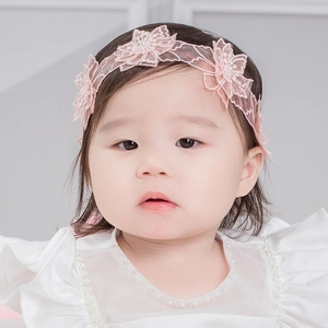 Bandeau bébé en dentelle rose avec fleurs et perles blanches pour nourrissons