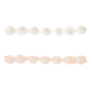 Lot de deux bandeaux élastiques en dentelle pour bébés avec fleurs en tissu et perles blanches