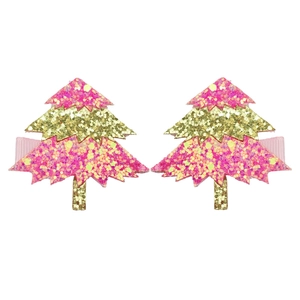 Détail de barrettes sapin de Noël à paillettes avec clips crocodiles en ruban rose
