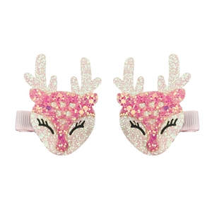 Détail de pinces à cheveux bois de renne à paillettes roses avec tissu à sequins et ruban