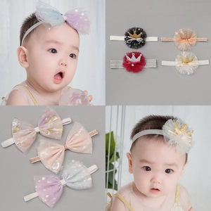 Bandeau Bébé Doux avec Nœud en Maille et Couronne de Paillettes Étoile en Paillettes Bandeau Élastique en Tulle pour Fillette Fête d'Anniversaire