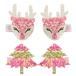 Lot de 4 barrettes pailletées rose avec rennes et sapins de Noël, pinces crocodile en tissu