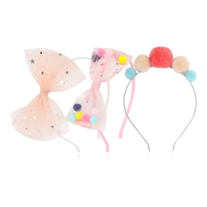 Tre cerchietti per bambina con fiocchi in tulle, stelle glitterate e pompon colorati