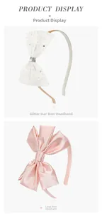 Detail of white mesh glitter star headband and pink silk layered bow hair accessory