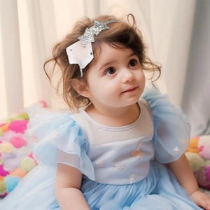 Détail du serre-tête étoilé argenté scintillant avec paillettes sur un enfant mannequin