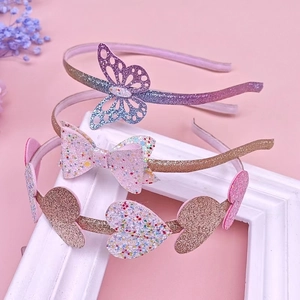 Set di 3 cerchietti glitterati per bambini con farfalla, fiocco e cuore in rosa e blu