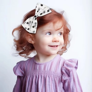 Detail of child wearing a large polka dot mesh bow headband for Halloween cosplay