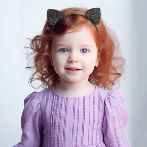 Detail of child wearing a black sequin cat ear headband with elegant mesh tulle accents