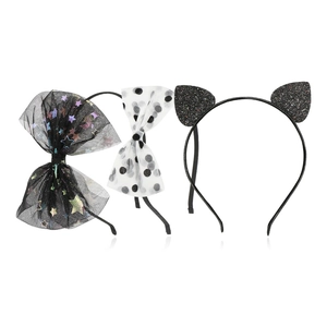 Three-piece Halloween hairband set with mesh bows, stars, polka dots, and cat ears