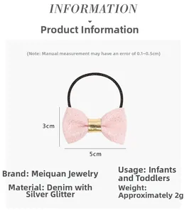 Detailed information card showing pink glitter bow hair tie measurements and materials