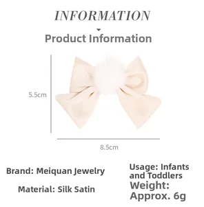 Détail pince à cheveux noeud satin de soie avec pompon en vison pour enfant 8.5x5.5cm