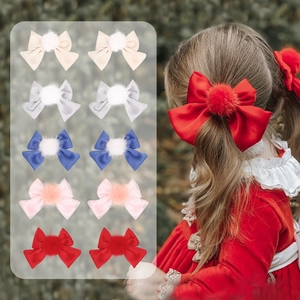 Barrettes à Cheveux Nœud en Satin pour Petites Filles Enfants Avec Pompon en Fourrure Artificielle Style Coréen Couleurs Acidulées