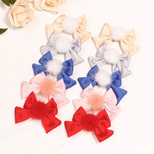 Lot de barrettes nœuds en satin avec pompons en fourrure pour filles et femmes