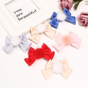 Ensemble de barrettes nœuds en satin avec pompons en fourrure pour filles, multicolore