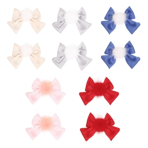 Lot de 10 barrettes nœuds en satin aux couleurs acidulées avec pompons en fourrure
