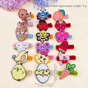Barrettes brodées main pour enfants avec animaux et fruits sur ruban de velours doux