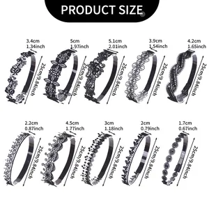 Detailed size guide for 10 styles of black lace headbands with precise width measurements