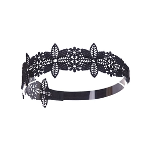 Detailed view of black lace hollow embroidery flower headband with intricate patterns