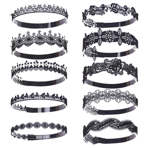 Detail view of ten black lace headband designs featuring floral and star embroidery patterns