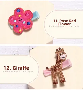 Détails de barrettes brodées fleur et girafe avec pinces recouvertes de velours
