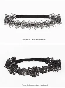 Detail of black hollow lace headbands with peony embroidery and floral patterns