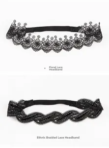 Detail showing black lace flower embroidery and ethnic woven headband textures