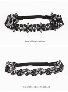 Detailed comparison of dahlia and rose pattern black lace headbands with elastic bands
