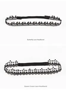 Detailed views of black lace headbands in butterfly and queen crown embroidery patterns
