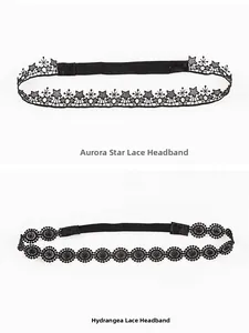 Detail of black hollow lace headbands with embroidered aurora and floral patterns