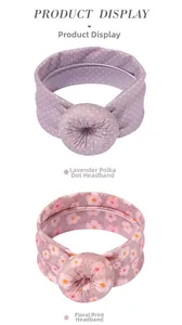 Détail de bandeaux donut pour bébé avec motifs à pois violets et fleurs roses