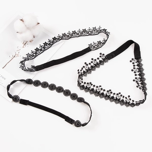 Three-piece black hollow lace elastic headbands with embroidered floral patterns