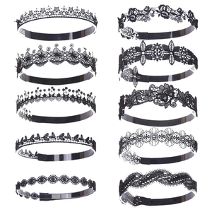 10-piece set of black lace headbands with hollow floral and butterfly embroidery designs