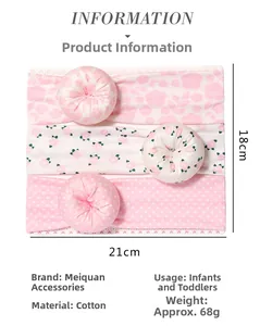 Three-piece infant headband set featuring pink floral and polka dot prints with fabric balls