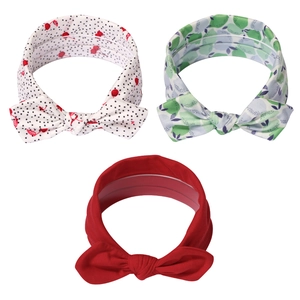 Three-pack children's knotted bow headbands featuring cherry, lime, and solid red patterns