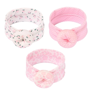 3-piece elastic baby headband set with donut knot in floral, polka dot, and leaf prints