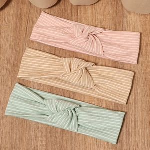 3-pack striped knit knotted baby headbands in pink, khaki, and green colors
