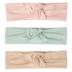 Set of 3 elastic striped baby headbands with bow knots in pink green and brown