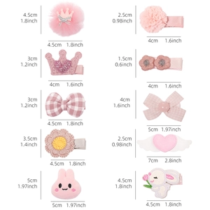 10pcs pink crown and rabbit hair clips set for kids featuring mesh bows and heart details