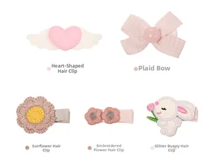 Detail showing five pink Macaron hair clips with bunny, flower and bow embroidery patterns