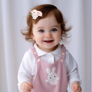 Close-up of a baby girl wearing a white embroidered bunny hair clip with pink accents