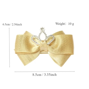 Barrette à cheveux nœud doré avec couronne en strass argentés et dimensions